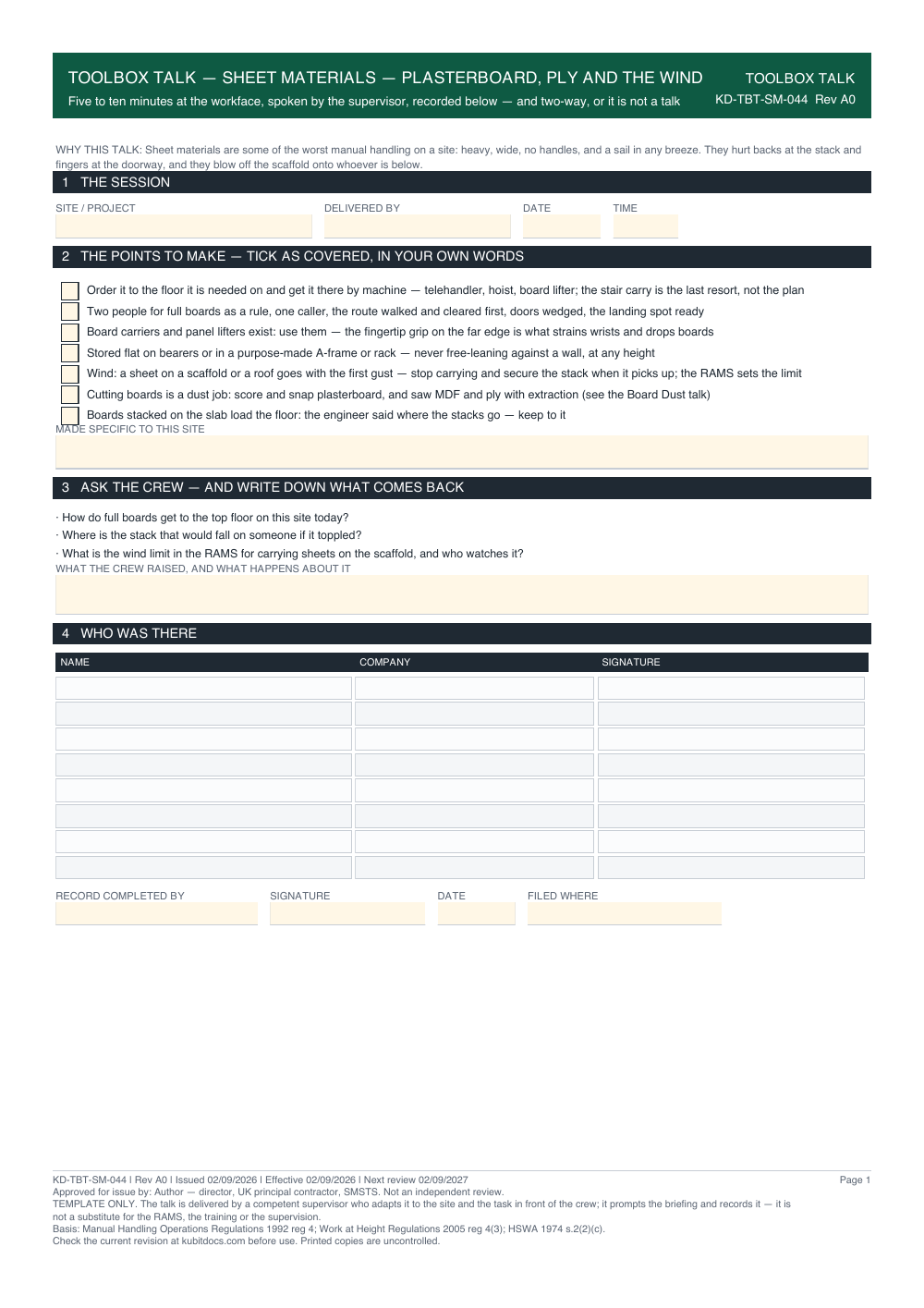 Toolbox Talk — Sheet Materials — Plasterboard, Ply and the Wind — page one