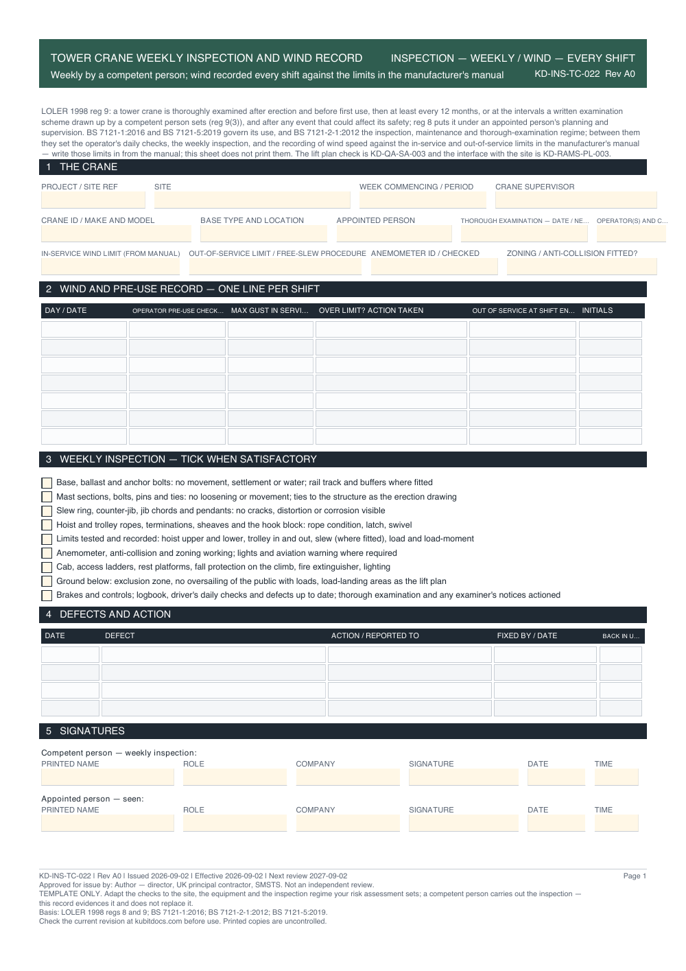 Tower Crane Weekly Inspection and Wind Record — page one