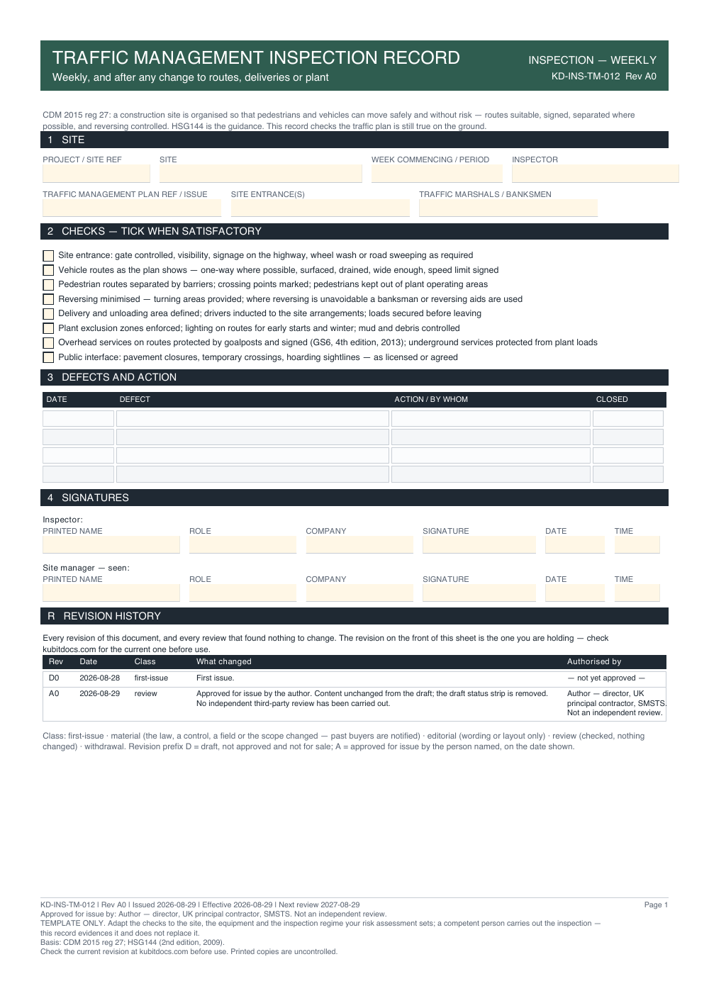 Traffic Management Inspection Record — page one