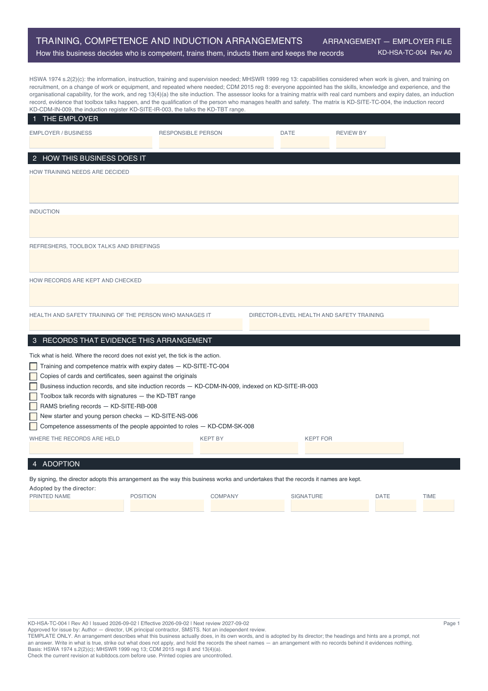 Training, Competence and Induction Arrangements — page one