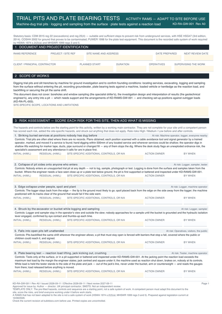 Trial Pits and Plate Bearing Tests — page one