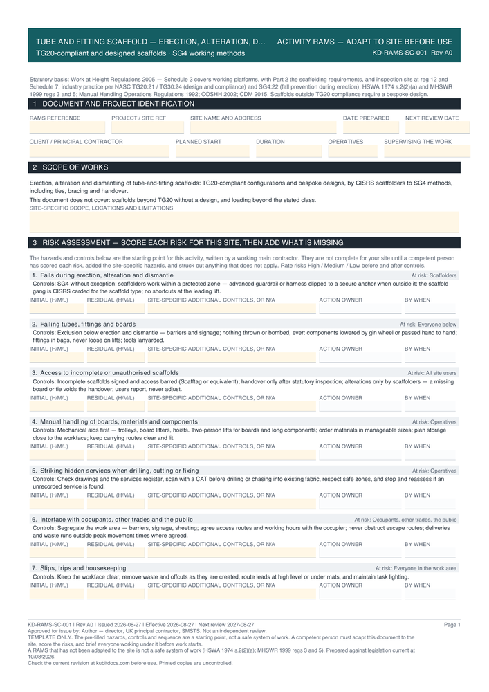 Tube and Fitting Scaffold — Erection, Alteration, Dismantle — page one
