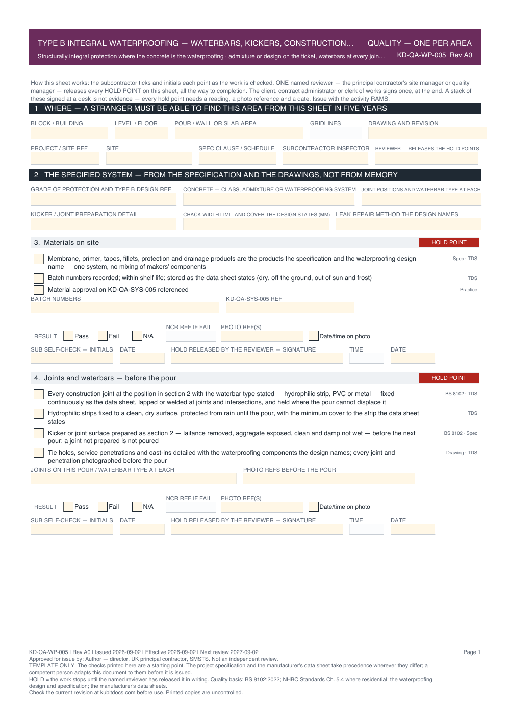 Type B Integral Waterproofing — Waterbars, Kickers, Construction Joints and Crack Control — Quality Inspection Checklist — page one