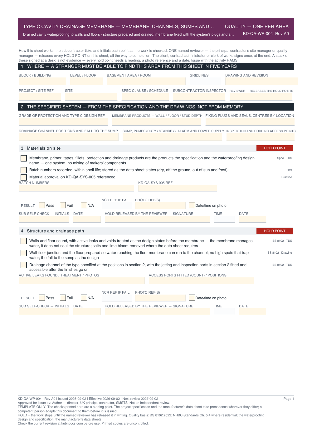 Type C Cavity Drainage Membrane — Membrane, Channels, Sumps and Pumps — Quality Inspection Checklist — page one