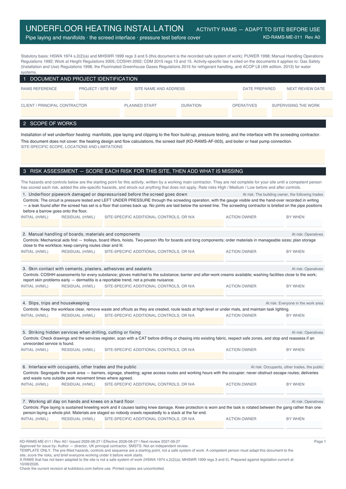 Underfloor Heating Installation — page one