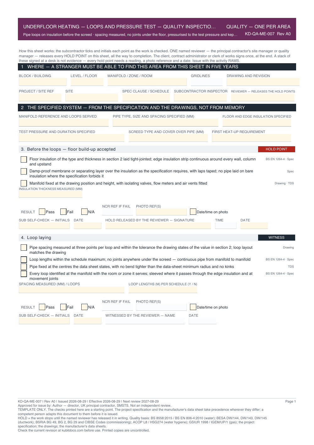 Underfloor Heating — Loops and Pressure Test — Quality Inspection Checklist — page one