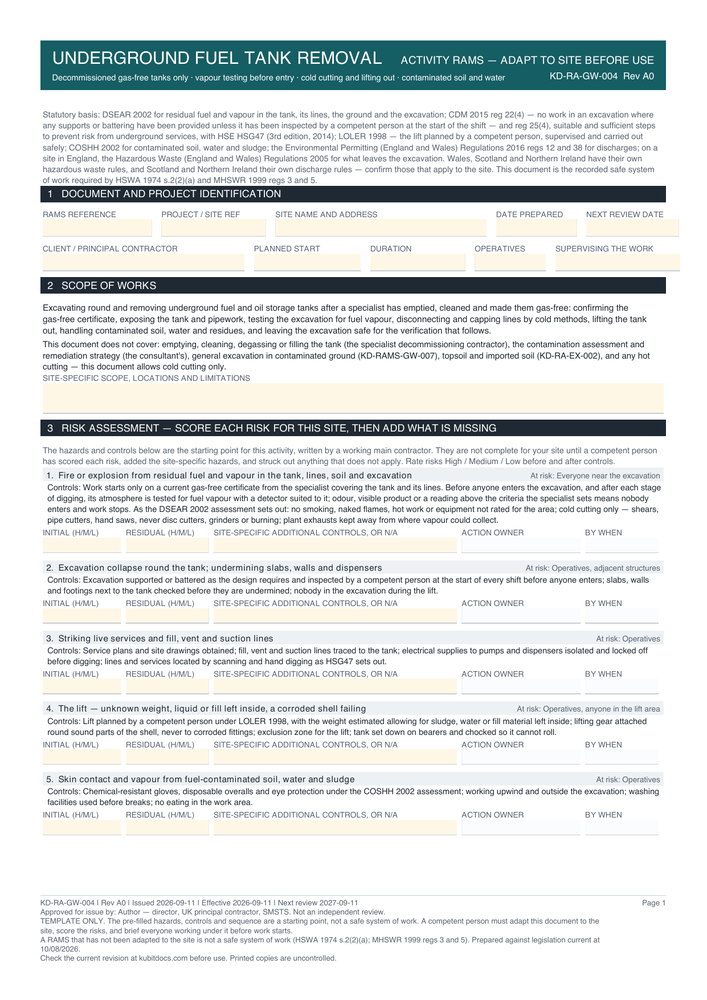 Underground Fuel Tank Removal — page one