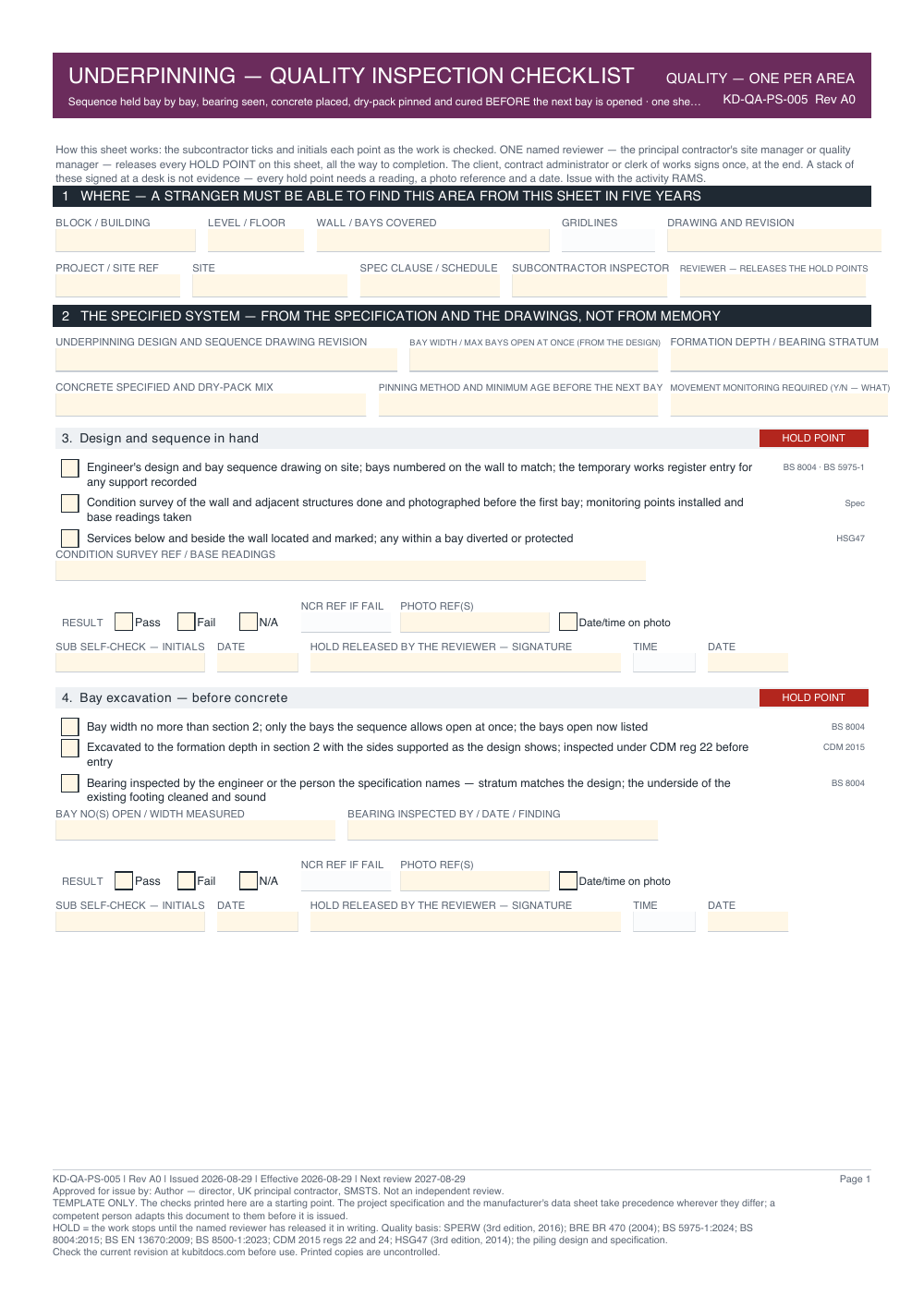 Underpinning — Quality Inspection Checklist — page one