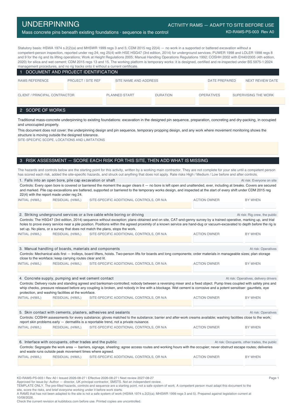 Underpinning — page one