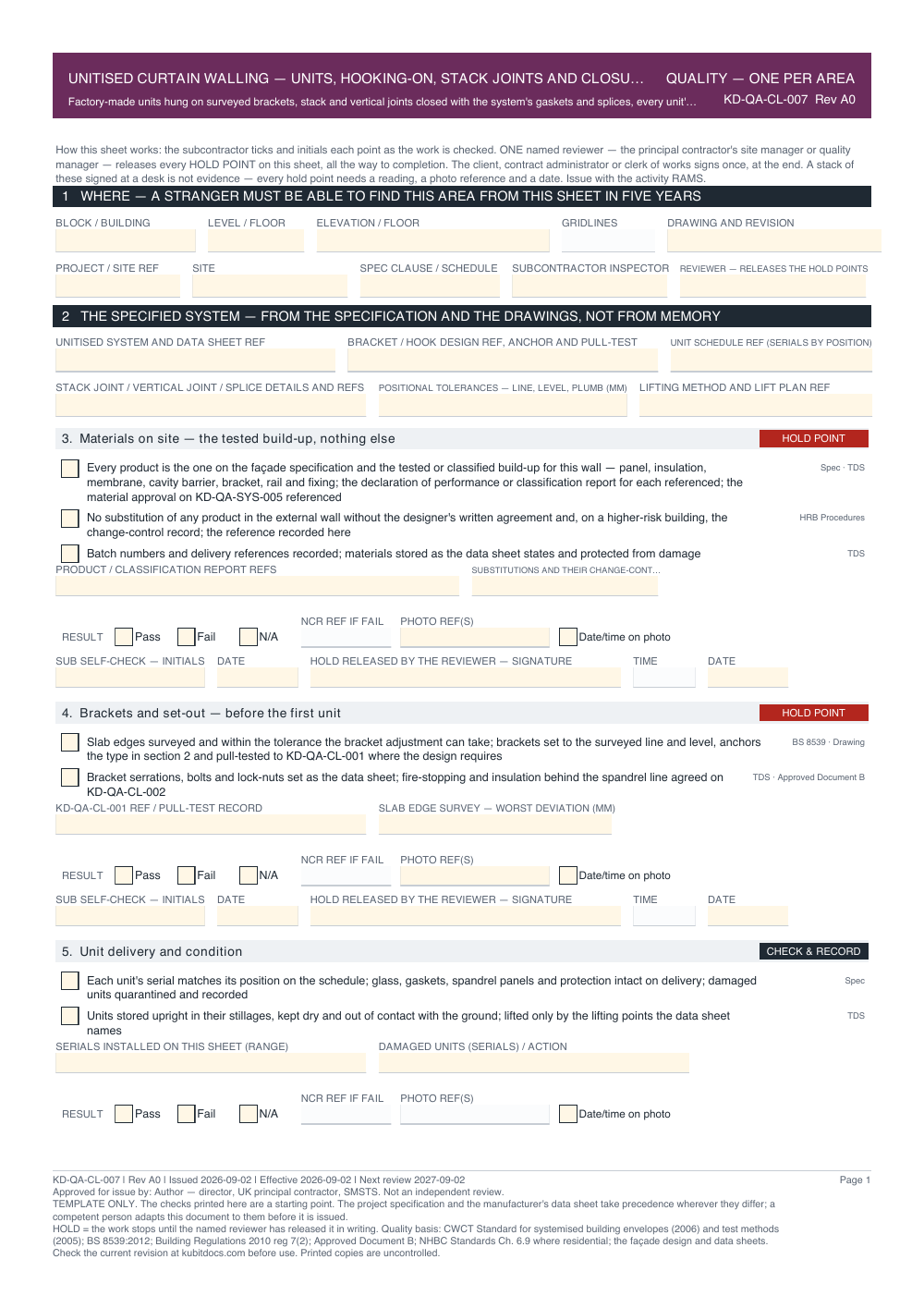Unitised Curtain Walling — Units, Hooking-On, Stack Joints and Closure — Quality Inspection Checklist — page one