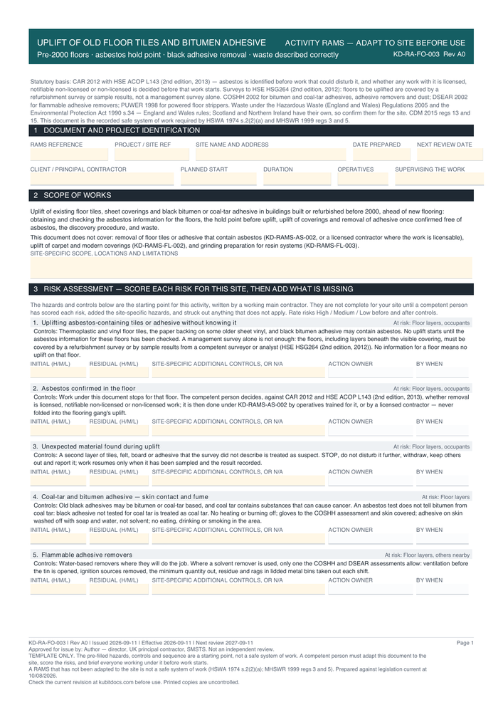 Uplift of Old Floor Tiles and Bitumen Adhesive — page one