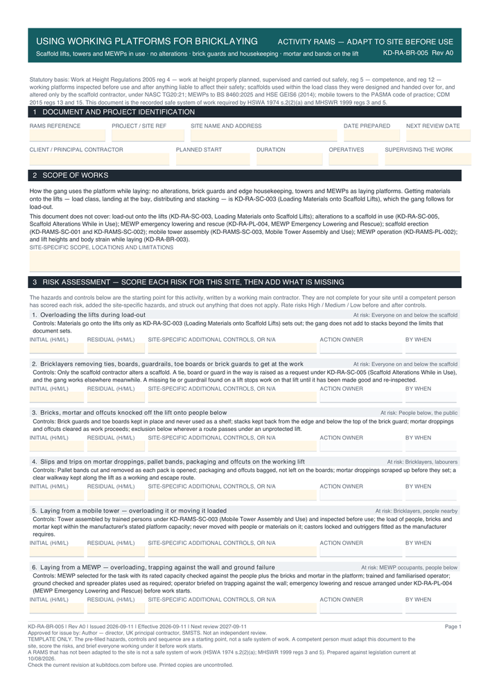 Using Working Platforms for Bricklaying — page one