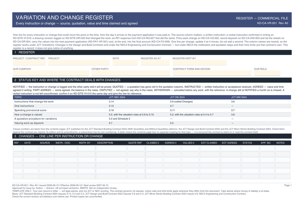 Variation and Change Register — page one