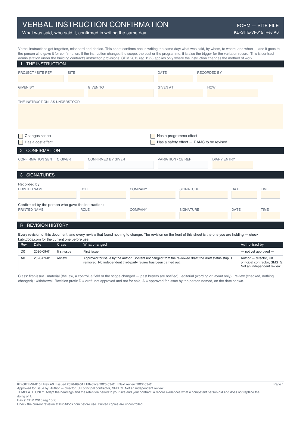 Verbal Instruction Confirmation — page one