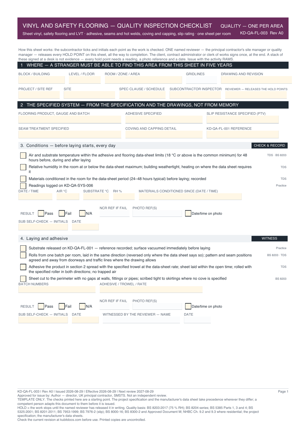 Vinyl and Safety Flooring — Quality Inspection Checklist — page one