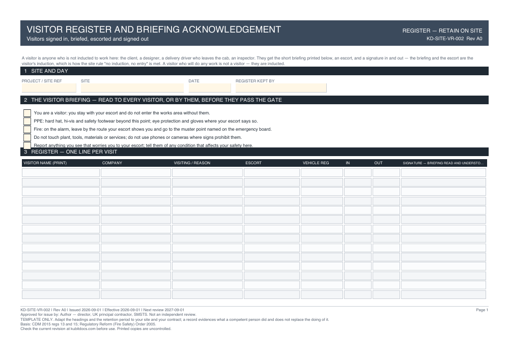 Visitor Register and Briefing Acknowledgement — page one
