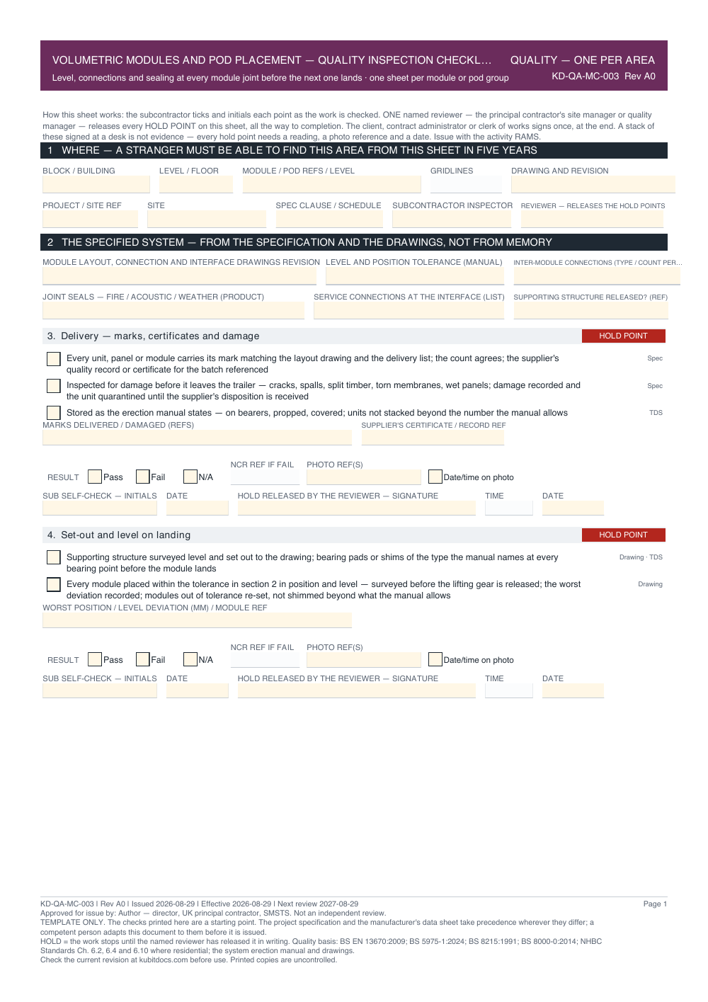 Volumetric Modules and Pod Placement — Quality Inspection Checklist — page one