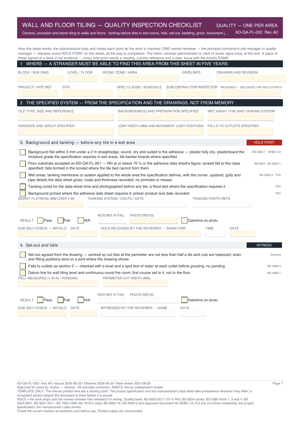 Wall and Floor Tiling — Quality Inspection Checklist — page one