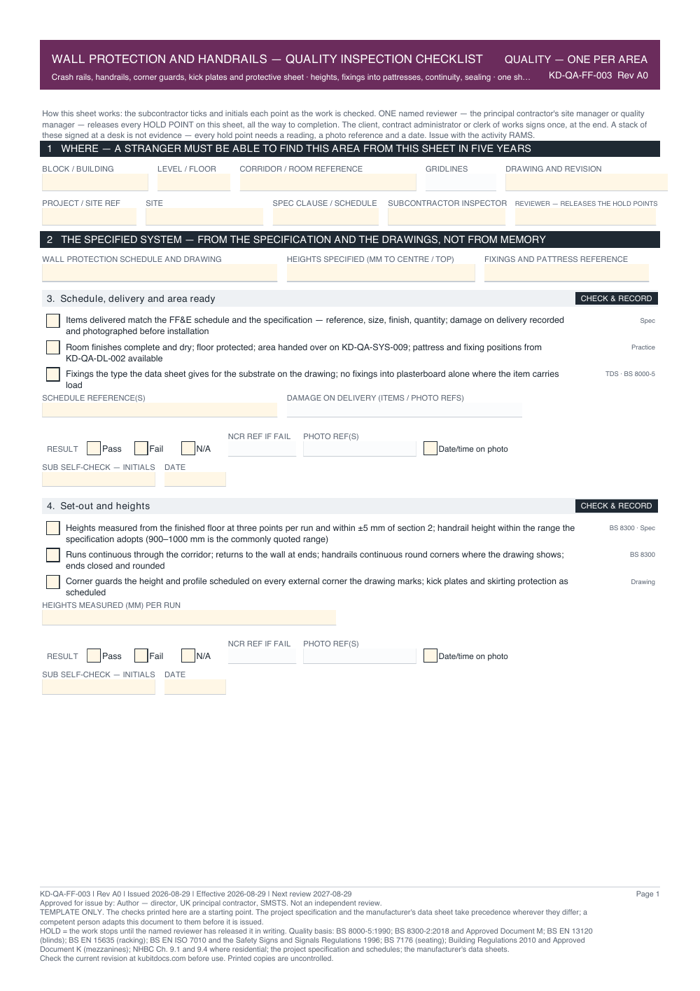 Wall Protection and Handrails — Quality Inspection Checklist — page one