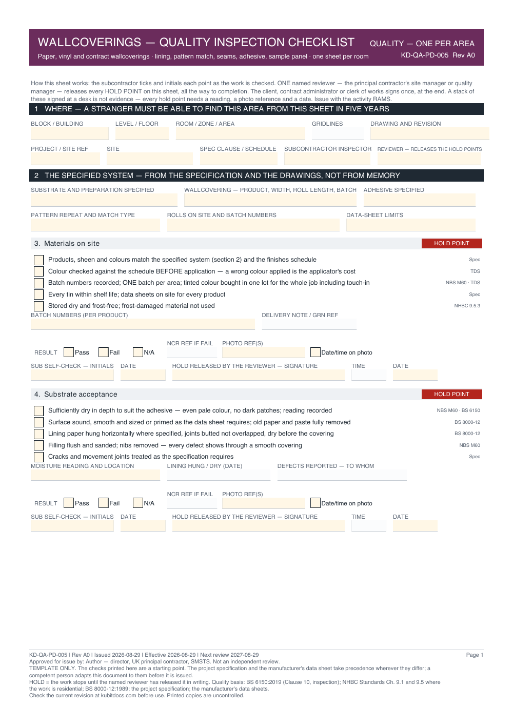 Wallcoverings — Quality Inspection Checklist — page one
