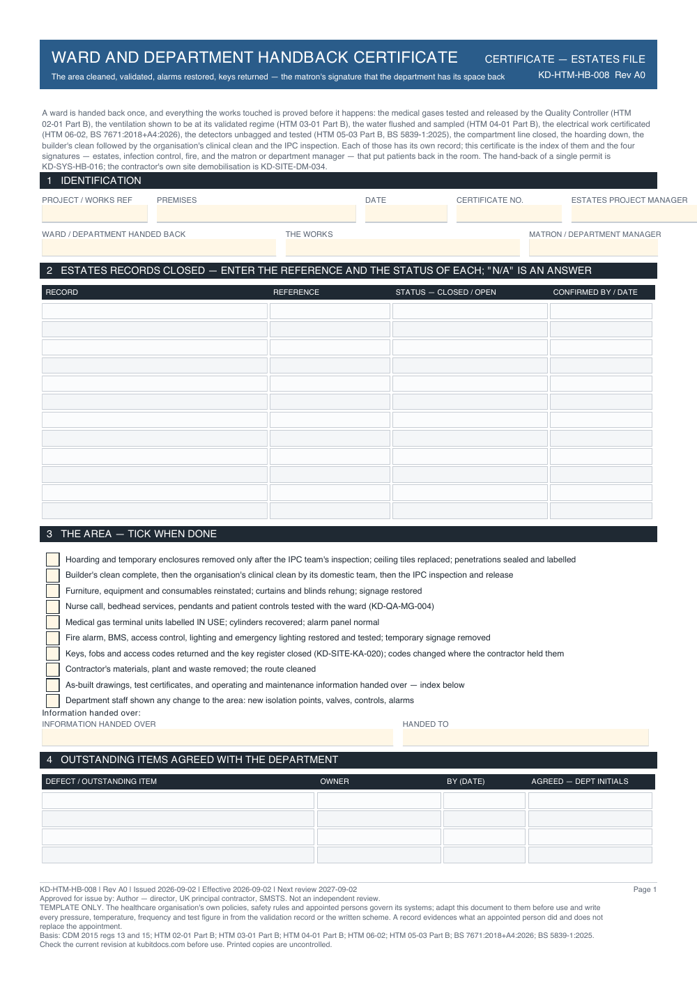 Ward and Department Handback Certificate — page one