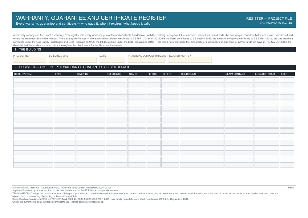 Warranty, Guarantee and Certificate Register — page one