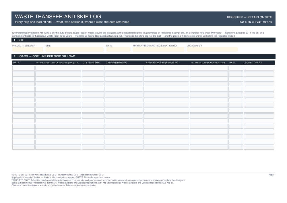 Waste Transfer and Skip Log — page one