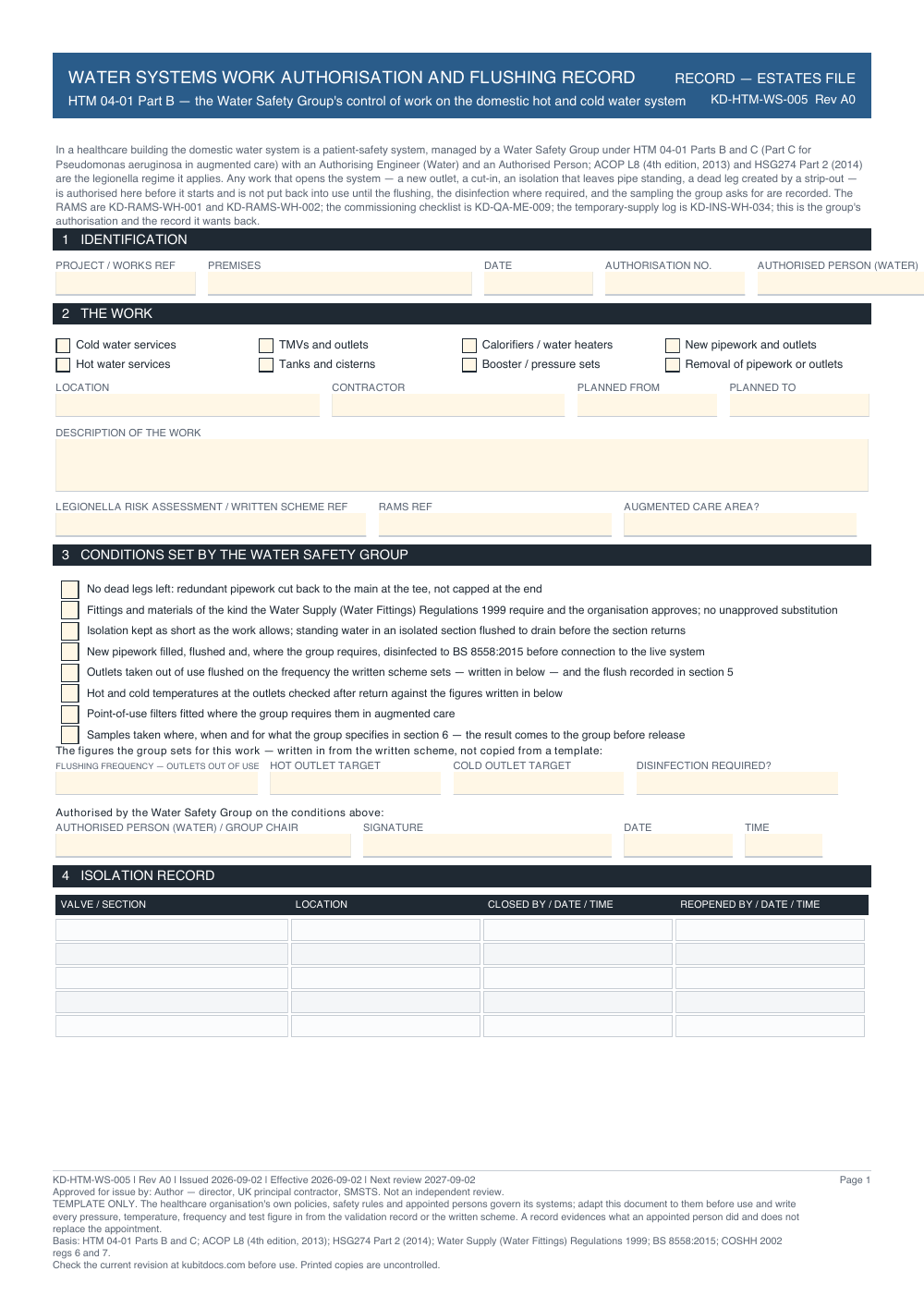 Water Systems Work Authorisation and Flushing Record — page one