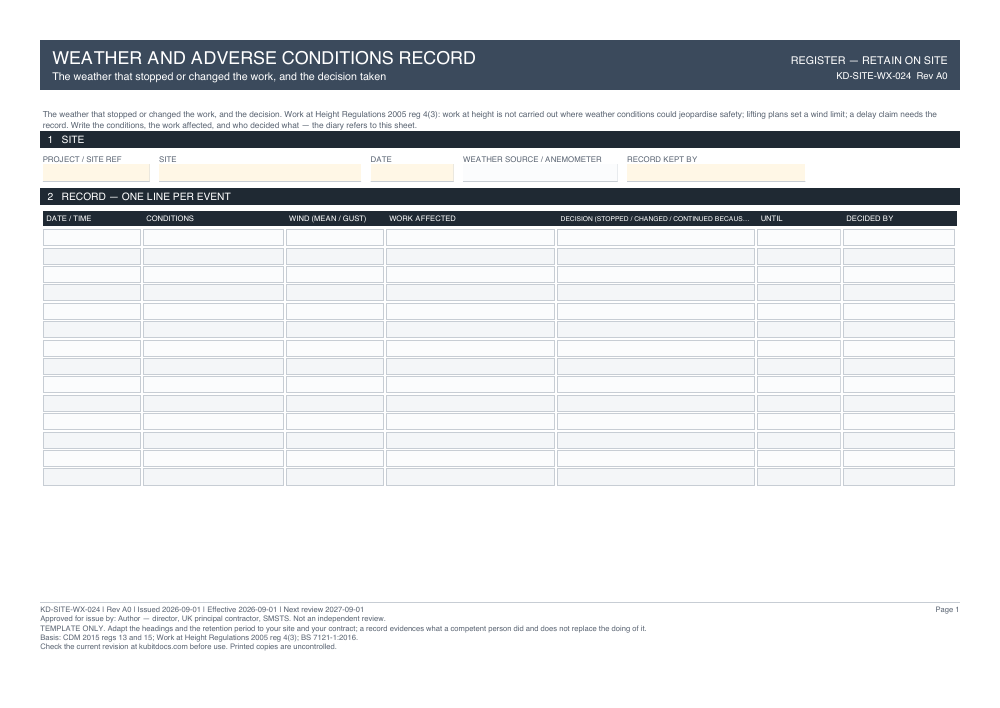 Weather and Adverse Conditions Record — page one