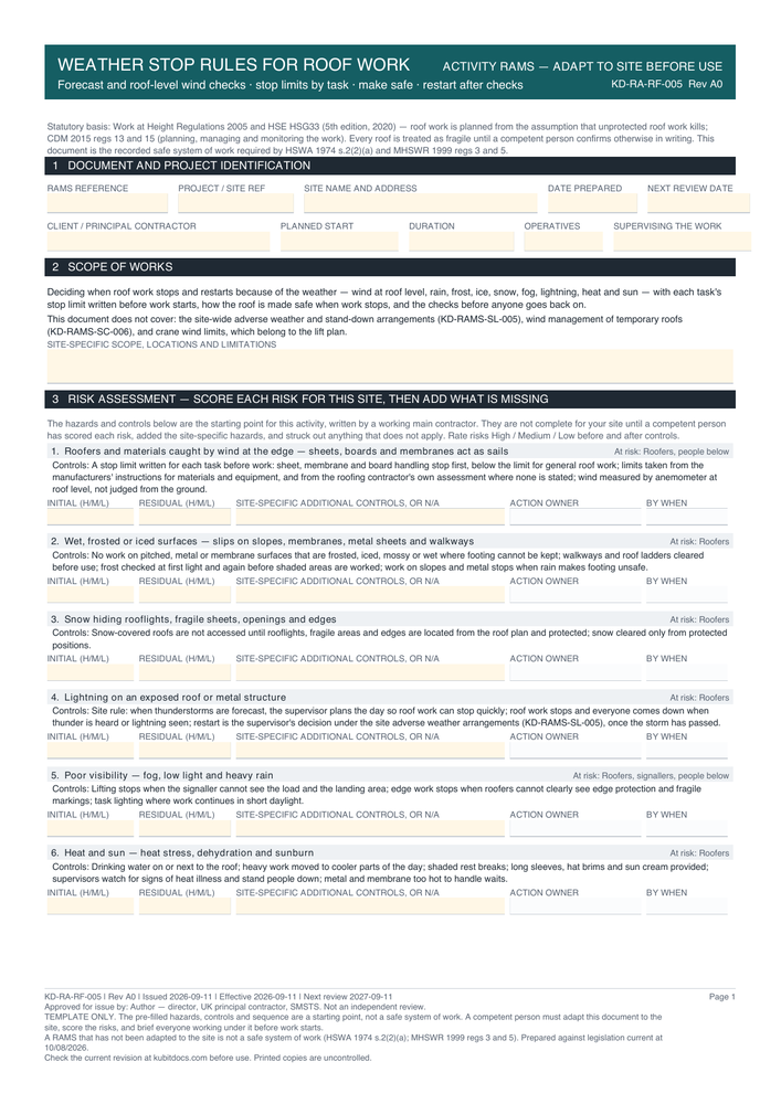 Weather Stop Rules for Roof Work — page one