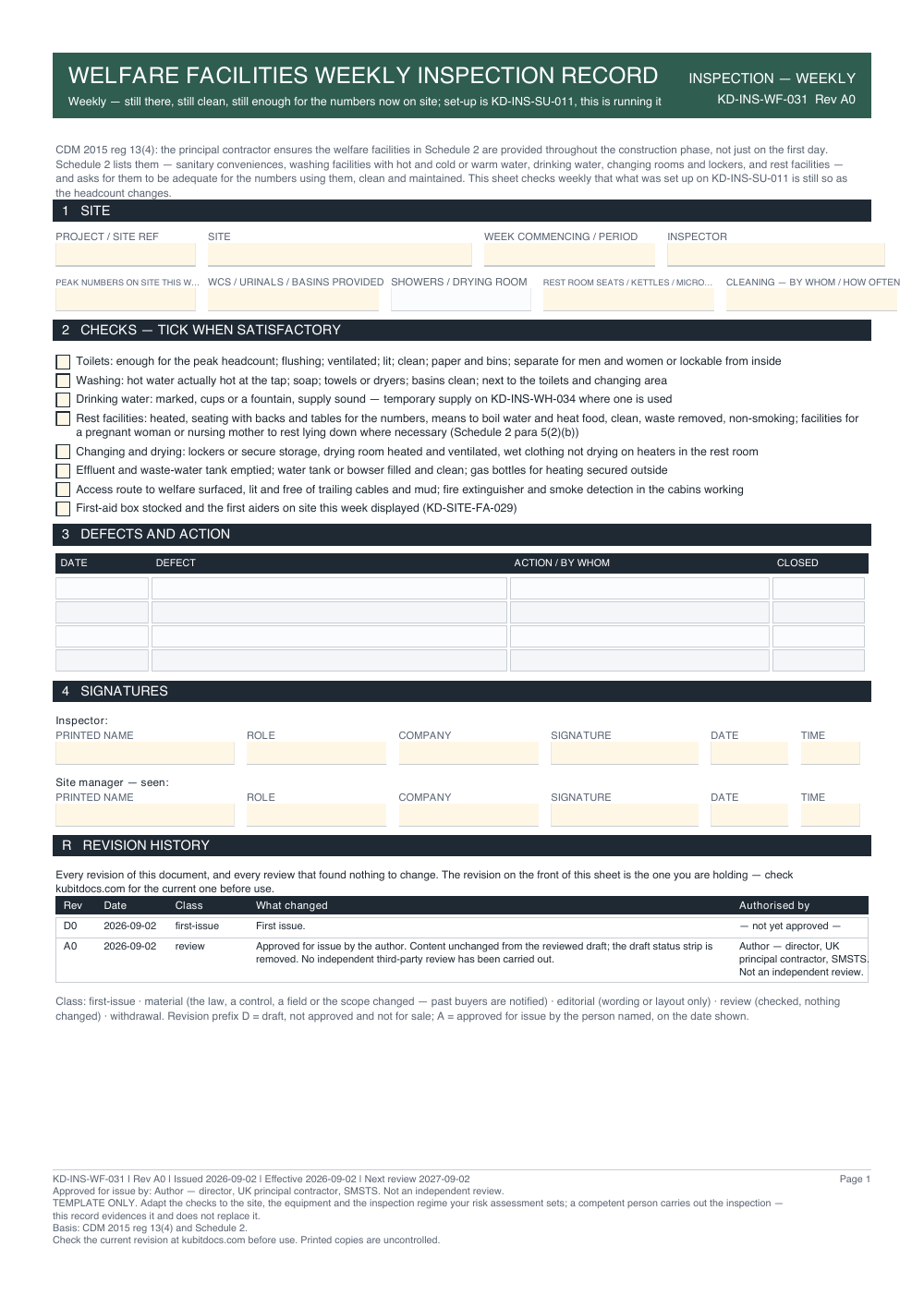 Welfare Facilities Weekly Inspection Record — page one