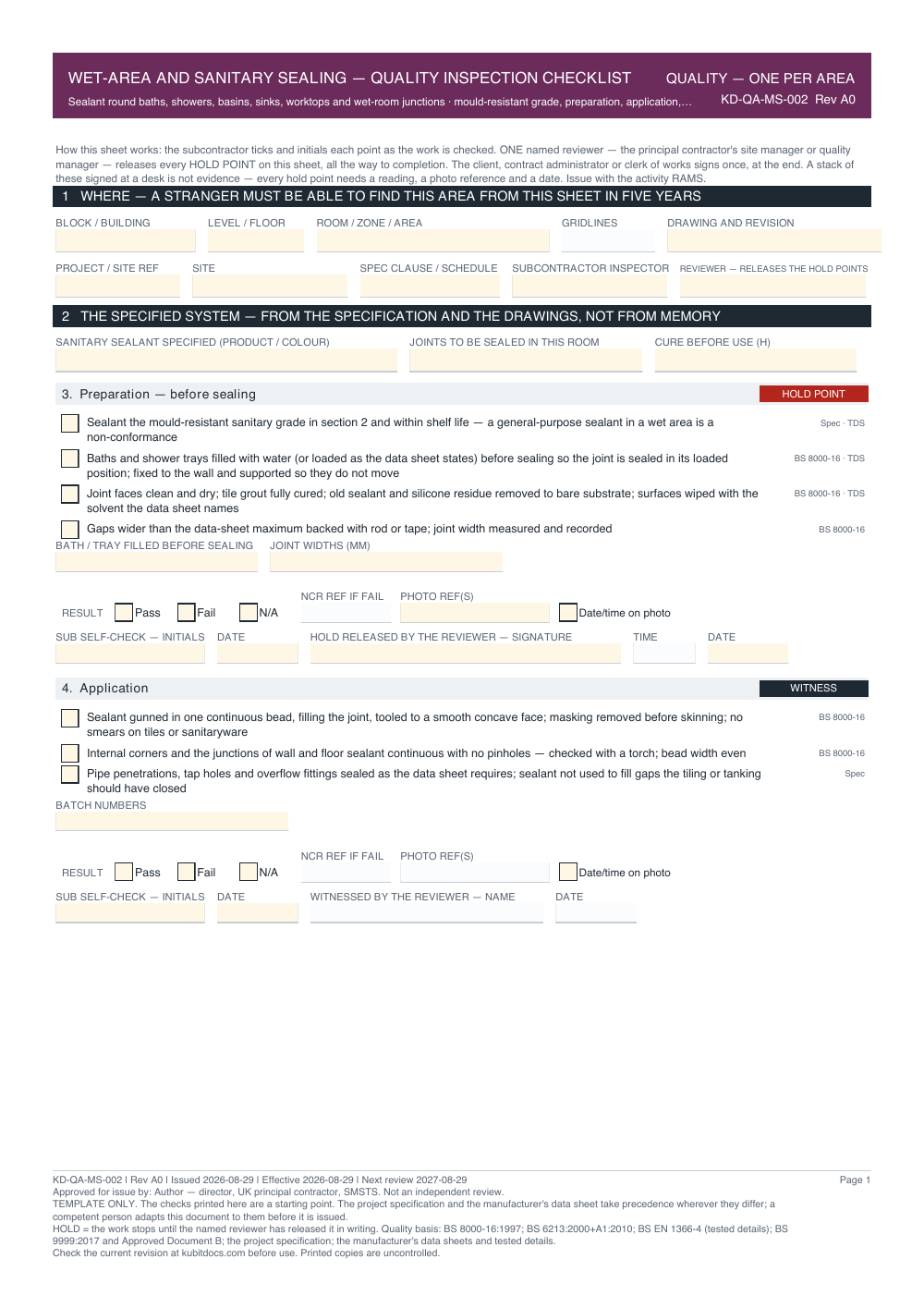 Wet-Area and Sanitary Sealing — Quality Inspection Checklist — page one