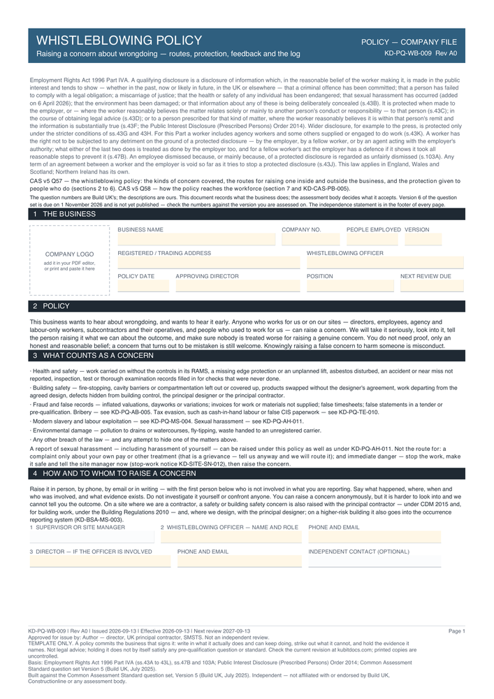 Whistleblowing Policy — page one