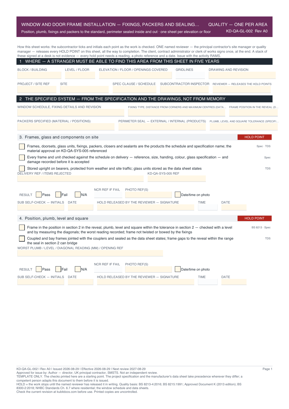 Window and Door Frame Installation — Fixings, Packers and Sealing — Quality Inspection Checklist — page one
