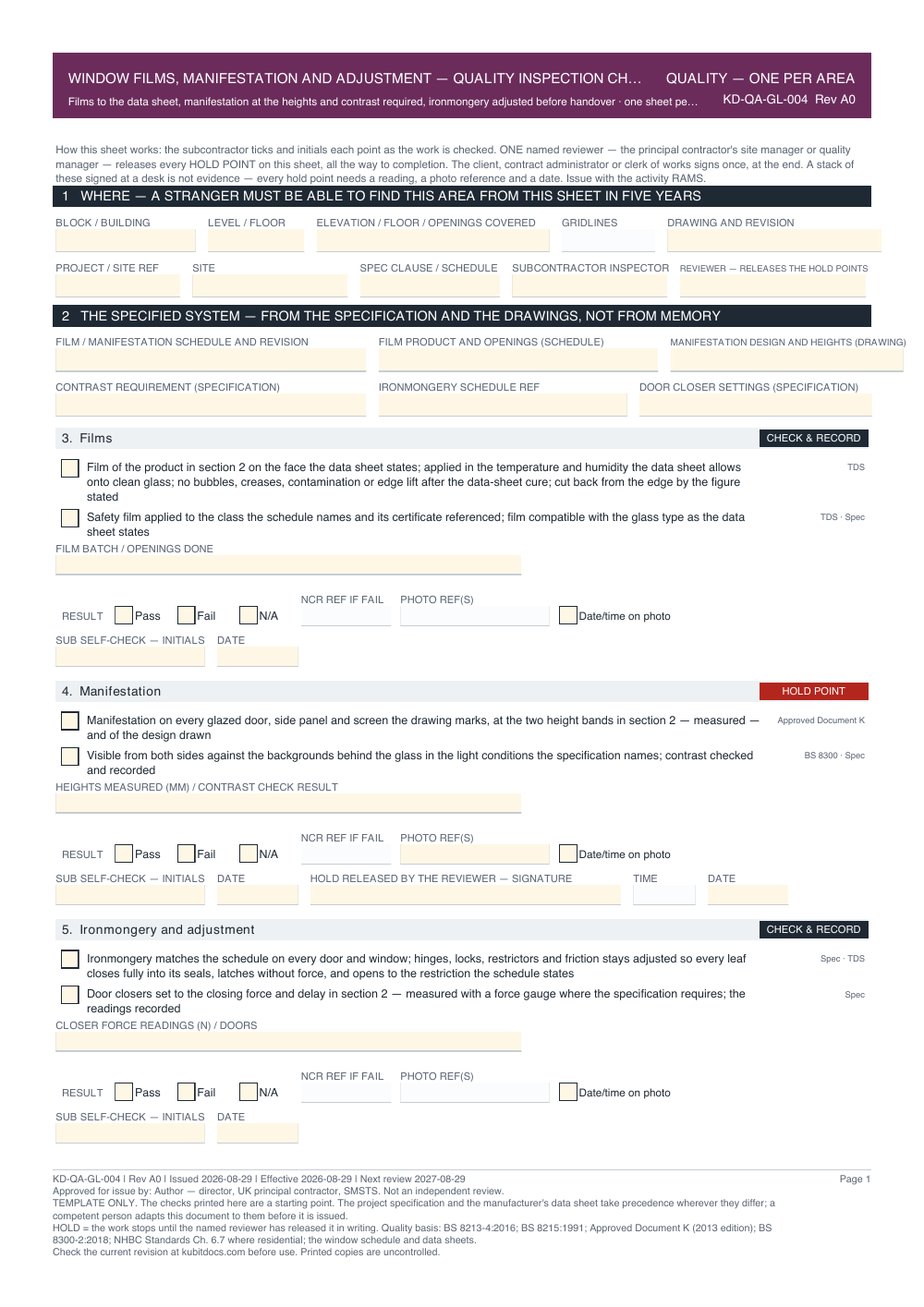 Window Films, Manifestation and Adjustment — Quality Inspection Checklist — page one