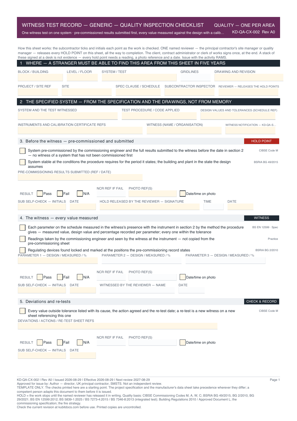 Witness Test Record — Generic — Quality Inspection Checklist — page one