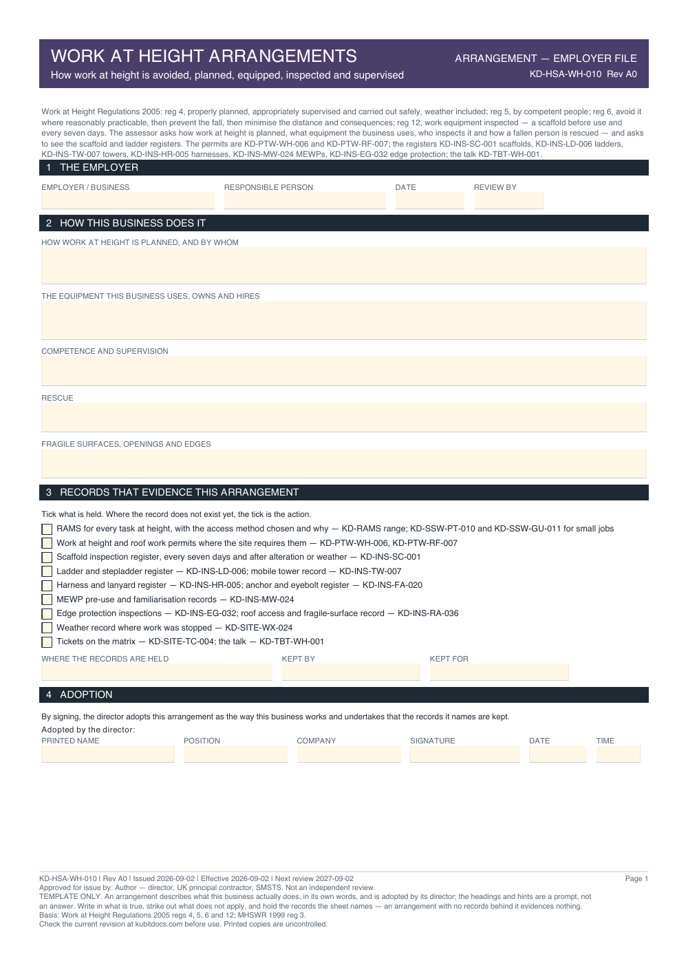 Work at Height Arrangements — page one
