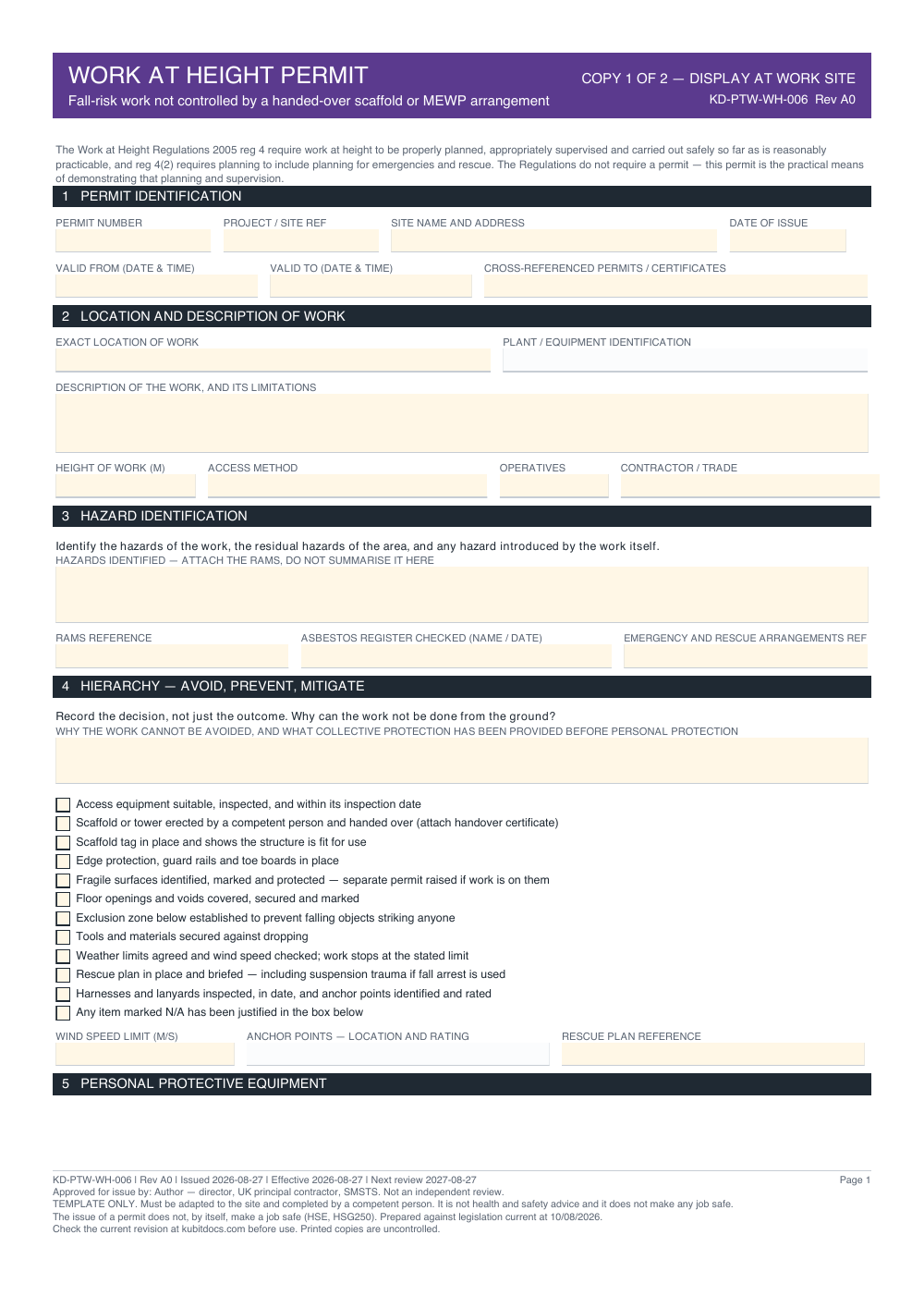 Work at Height Permit — page one