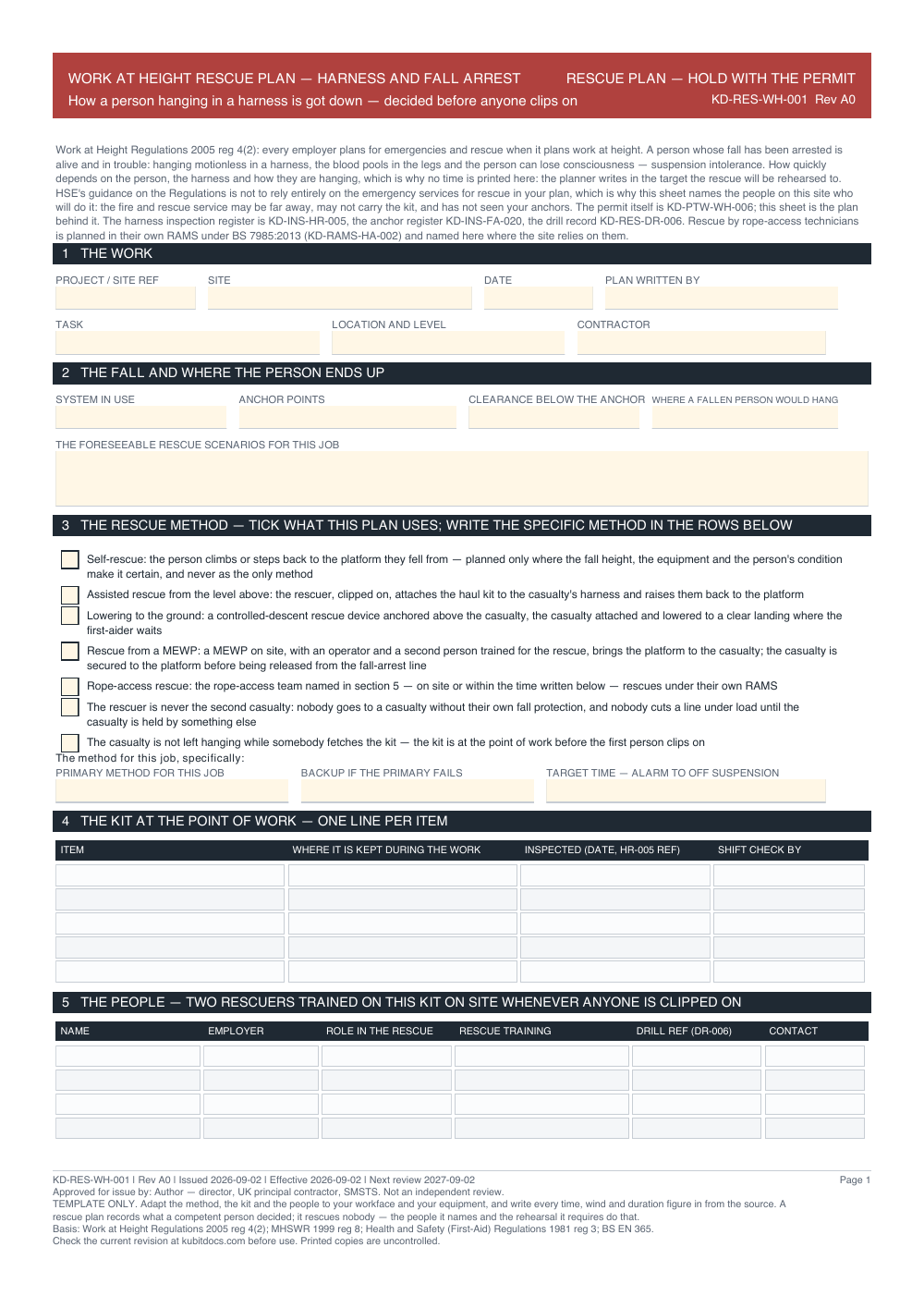 Work at Height Rescue Plan — Harness and Fall Arrest — page one