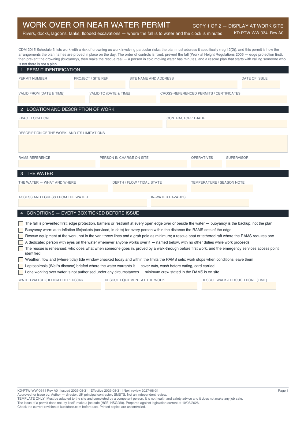 Work Over or Near Water Permit — page one