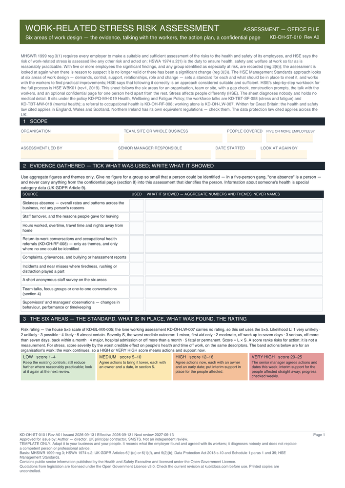 Work-Related Stress Risk Assessment — page one