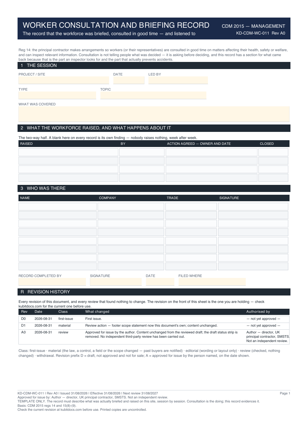 Worker Consultation and Briefing Record — page one