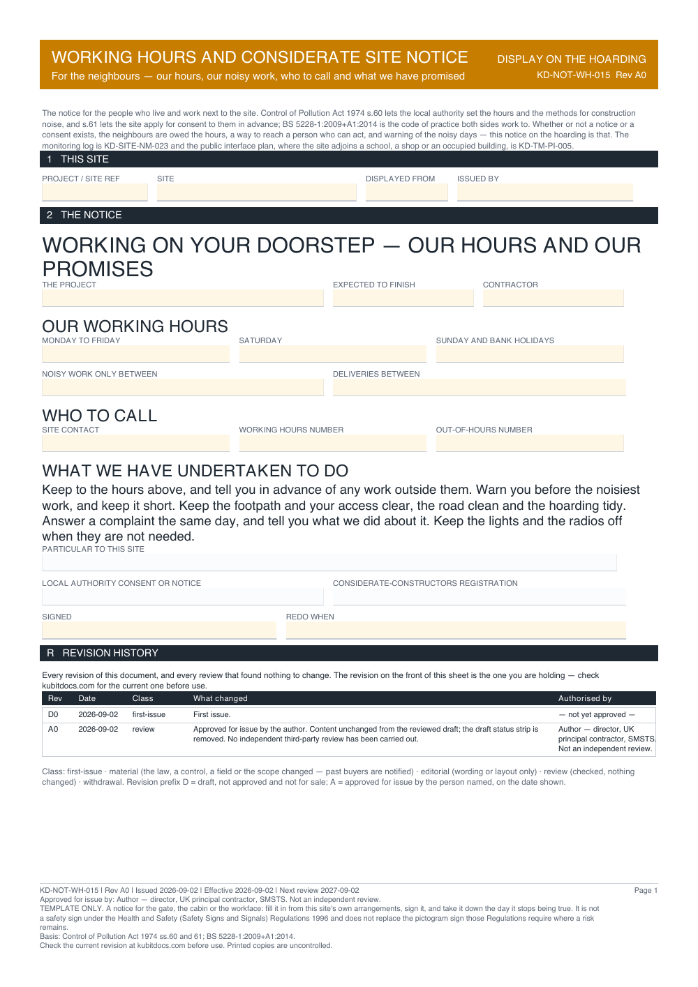 Working Hours and Considerate Site Notice — page one