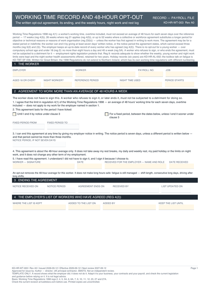 Working Time Record and 48-Hour Opt-Out — page one