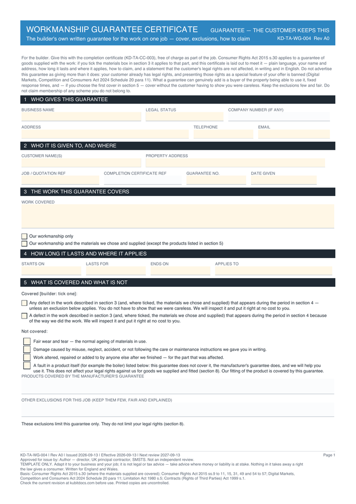 Workmanship Guarantee Certificate — page one