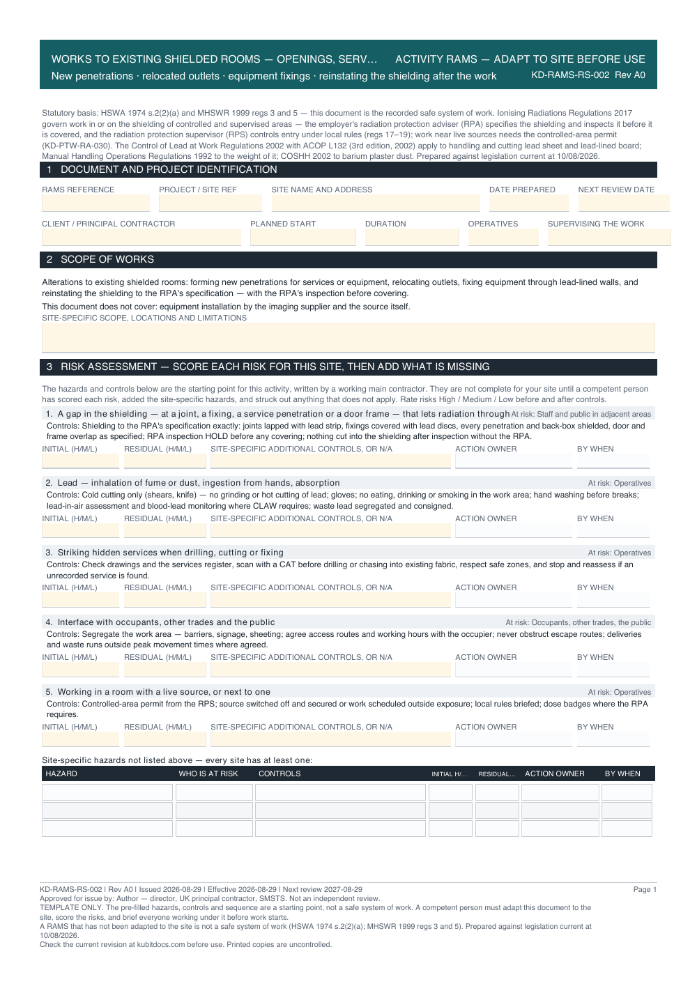 Works to Existing Shielded Rooms — Openings, Services and Reinstatement — page one