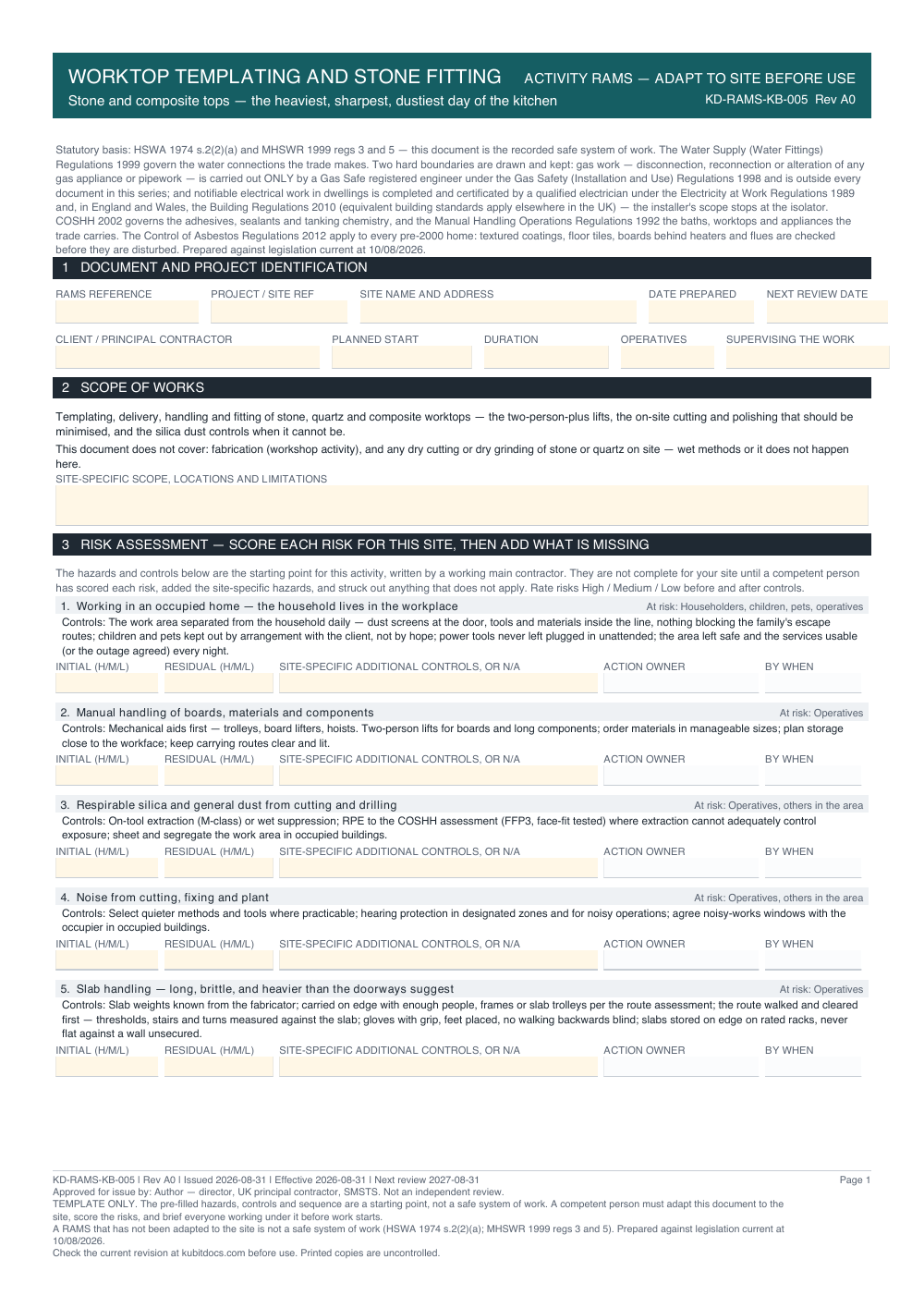 Worktop Templating and Stone Fitting — page one