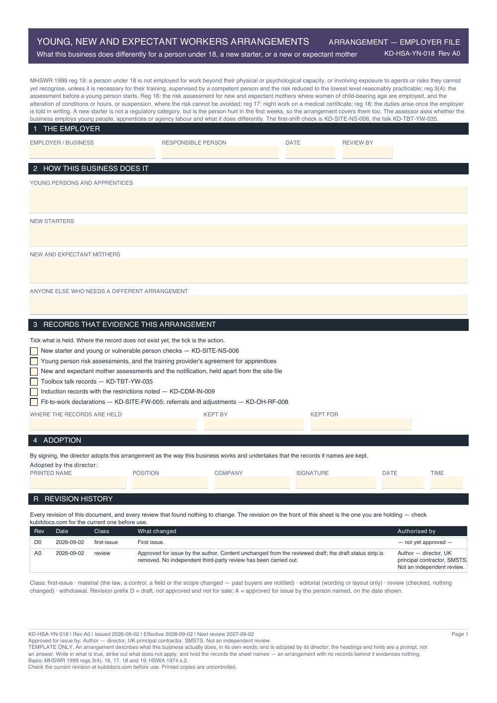 Young, New and Expectant Workers Arrangements — page one