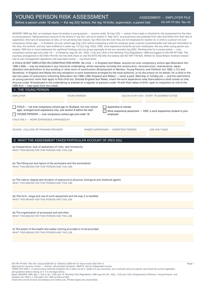 Young Person Risk Assessment — page one